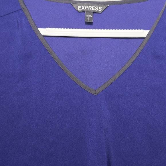 Express - Women's L Blouse Royal Blue with Black Trim V Neck Short Cuff Sleeve - Picture 3 of 10